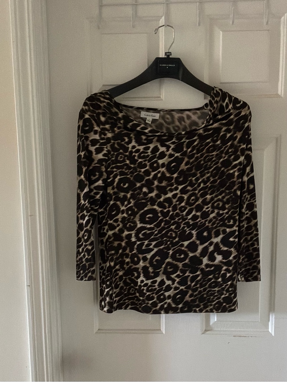 Calvin Klein Leopard Print Long-Sleeve Boatneck Top - Brown Black